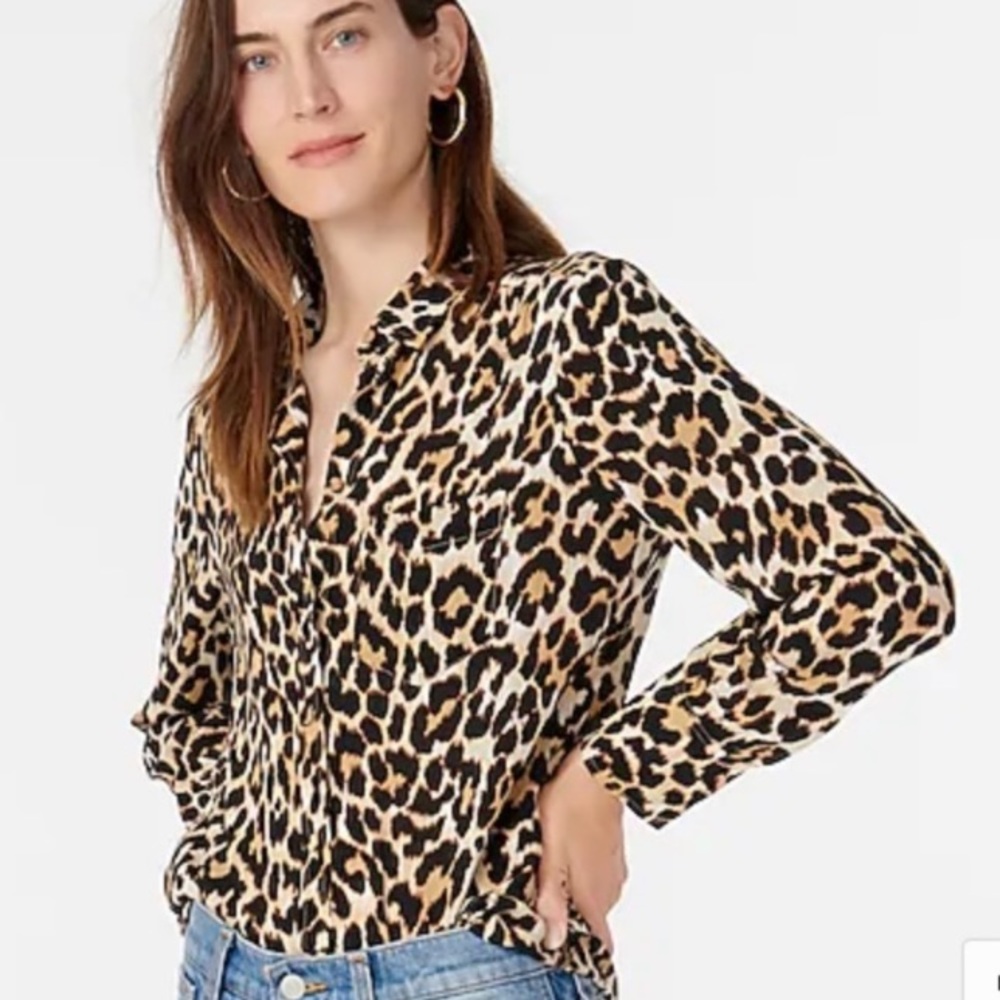 NEW J. Crew Leopard Print Button Down Womens Shirt Sz Large 100% Cotton